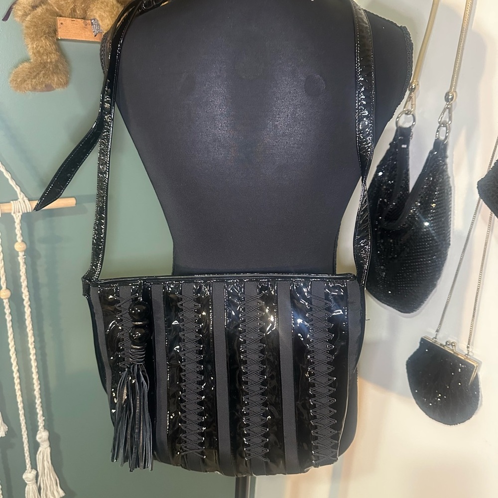 90s Vintage Sharif Black Leather Corset Crossbody Bag Made in USA